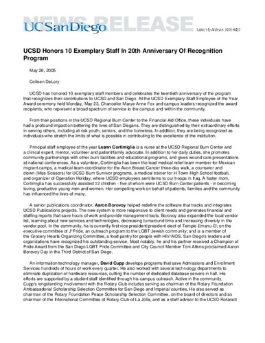 UCSD Honors 10 Exemplary Staff In 20th Anniversary Of Recognition Program