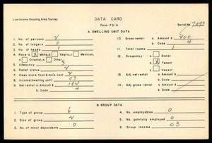 WPA Low income housing area survey data card