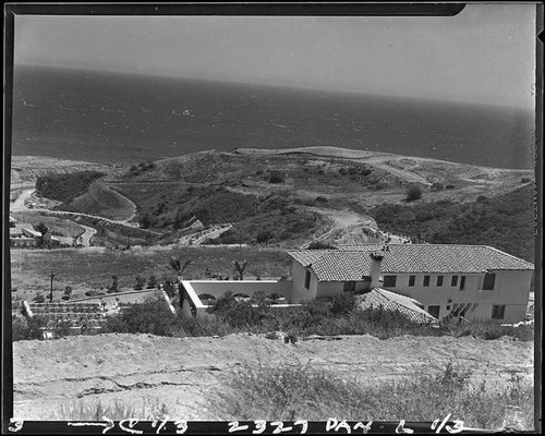 Birdseye view towards the Miramar Estates housing development and the Santa Monica Bay beyond, Pacific Palisades, 1929