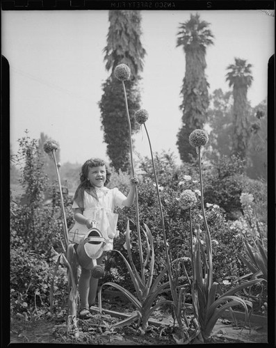 Helena Burnett watering flowers, 1947-1950