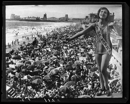 Montage of Thelma Peairs, Miss Venice, above crowded Venice beach, Venice, 1928