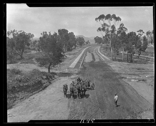 Team of horses working on road construction in Huntington Palisades, Pacific Palisades, 1929