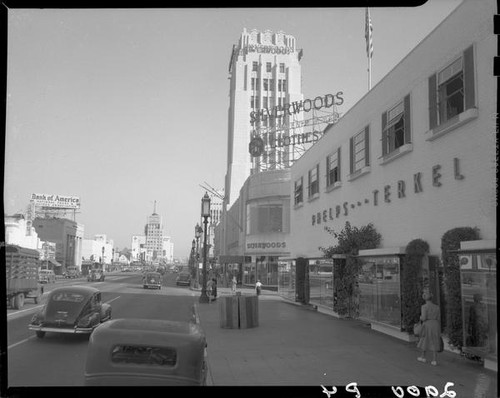 Phelps Terkel and Silverwoods buildings, Wilshire Boulevard and Burnside Avenue, Los Angeles, 1949