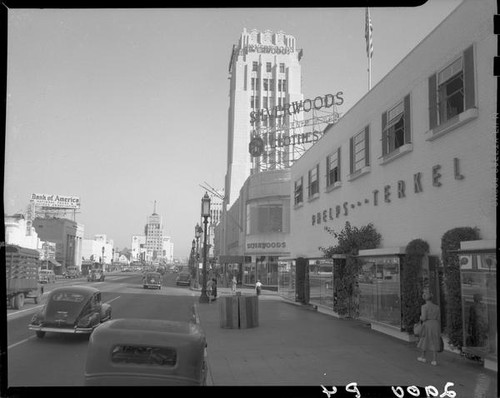 Phelps Terkel and Silverwoods buildings, Wilshire Boulevard and Burnside Avenue, Los Angeles, 1949