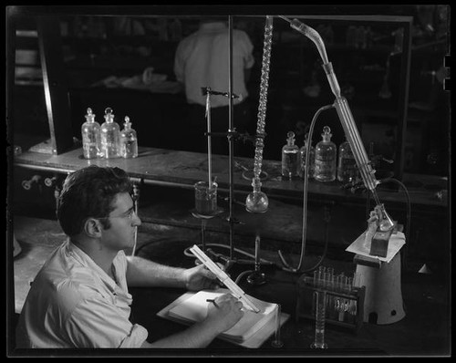 Los Angeles City College student in chemistry lab, Los Angeles, 1930s