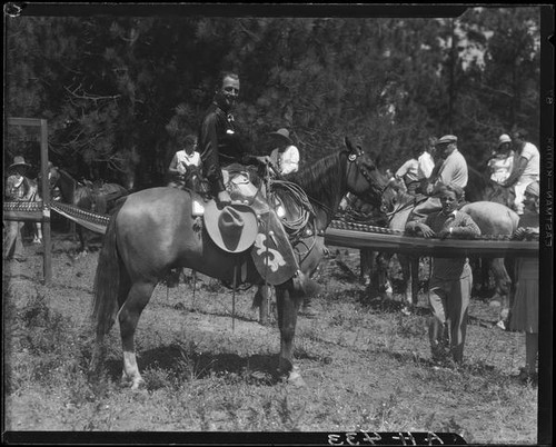 Actor Reginald Denny on horseback, Lake Arrowhead Rodeo, Lake Arrowhead, 1929