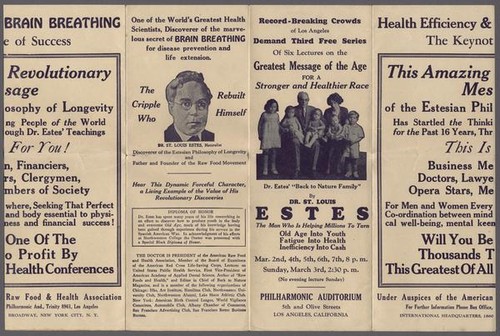 Brochure or advertisement describing 6-day lecture series by Dr. St. Louis Albert Estes in health efficiency and brain breathing, 1929 or 1935