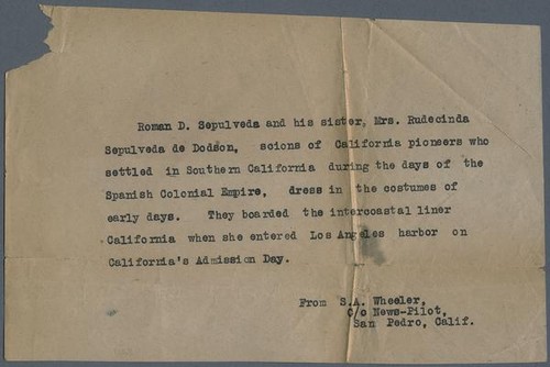 Typewritten document describing photographs of Roman D. Sepulveda and ...