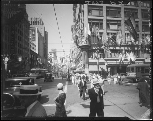 Hill Street decorated for the 1932 Olympics, Los Angeles, 1932