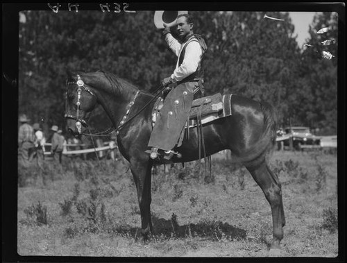 Actor Reginald Denny on horseback, Lake Arrowhead Rodeo, Lake Arrowhead, 1929