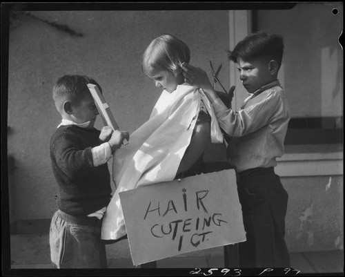 Children playing barber, Los Angeles, circa 1935