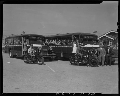 Buses, motorcycles, and Girl Scouts, [Santa Monica?], 1936