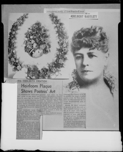 Article about poet Ina Donna Coolbrith with an 1880's portrait and an 1888 shell wreath, Santa Monica, 1953