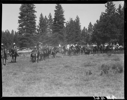 Row of rodeo riders, Lake Arrowhead Rodeo, Lake Arrowhead, 1929