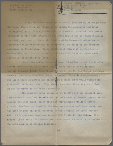 Typewritten article describing photographs of Rancho Los Cerritos, Phineas Banning residence, and Drum Barracks, Long Beach and Los Angeles, 1930