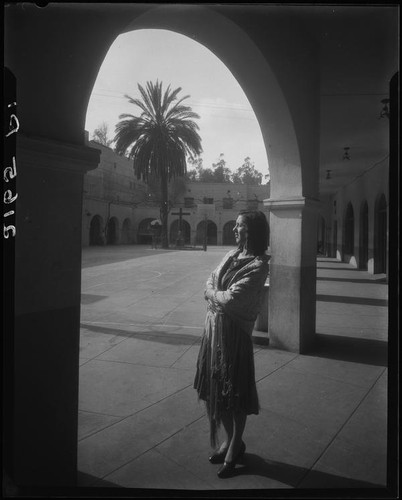 Adele Arconti in courtyard, Plaza Church, Los Angeles, 1931
