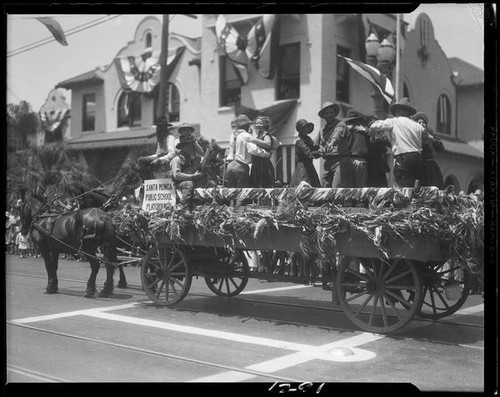 Wagon with dancers, Santa Monica Pioneer Days parade, Santa Monica, 1930 or 1931