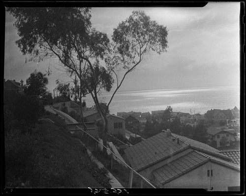 View from residential hillside in Santa Monica Canyon towards the Pacific ocean, 1928