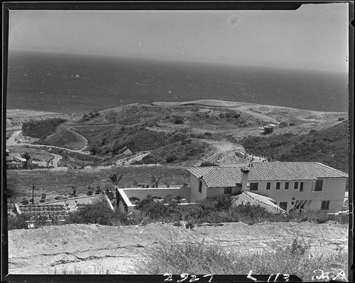 Birdseye view towards the Miramar Estates housing development and the Santa Monica Bay beyond, Pacific Palisades, 1929