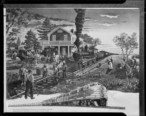 Photomechanical print of 19th and 20th century railroad trains