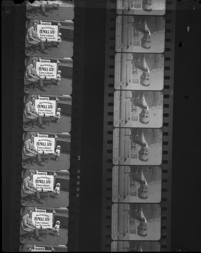 Man and child with sign announcing Near East Relief Bundle Day, and portrait of Adelbert Bartlett, on 2 filmstrips, [1921-1939?]