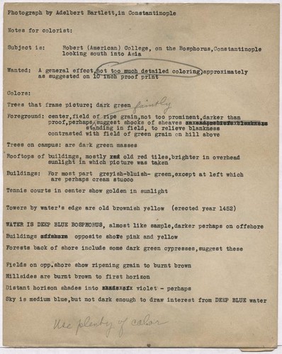 Text describing a hand-colored sample photographic of a view towards the Boğaziçi Üniversitesi campus (formerly part of Robert College), Istanbul, 1925 or 1935