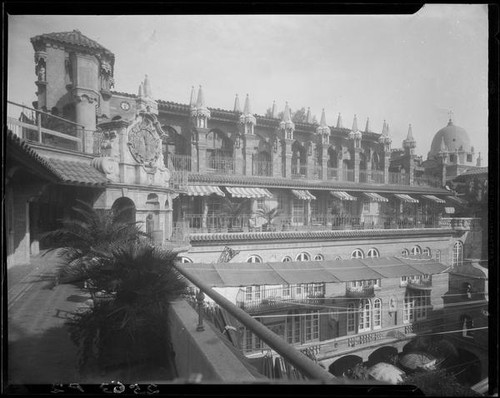 Bird's-eye view of courtyard, building, and towers, Mission Inn ...