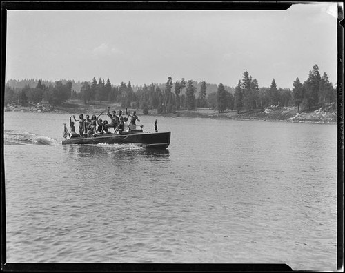 Young people in motorboat "Graceful" on lake, Lake Arrowhead, 1929