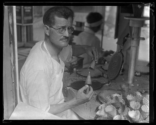 Jack Halstein at his concession, Jacks Famous Ice Cream Cones, on Abbot Kinney Pier, Venice, 1928