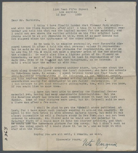 Letter from Neeta Marquis to Adelbert Bartlett, planning for story and photographs about Plummer Park, 1928