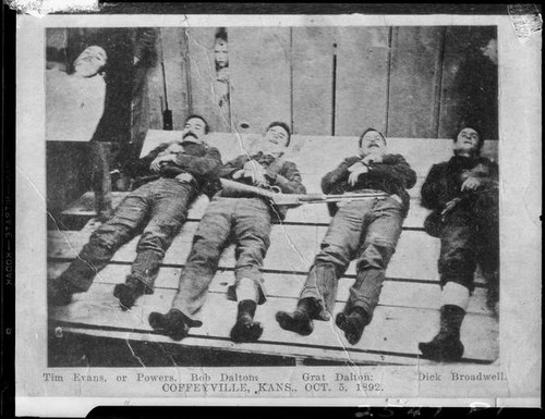 Bodies of Dalton Gang members, Coffeyville, Kansas, photographed 1892, printed with caption, rephotographed 1931