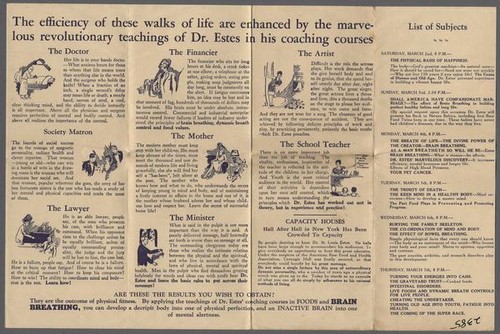 Brochure or advertisement describing 6-day course by Dr. St. Louis Albert Estes in helath efficiency and brain breathing, 1929 or 1935