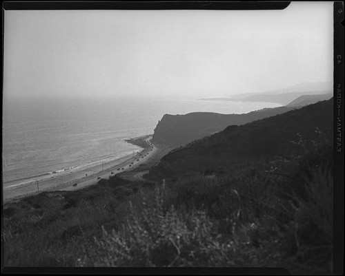 Coastal view from hill towards the Rancho Malibu la Costa development area, Malibu, circa 1927