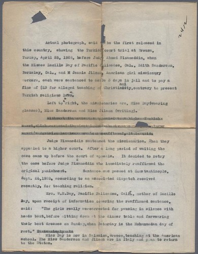 Typewritten document describing photograph of American women on trial ...