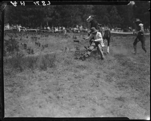 Rodeo performers and horse, Lake Arrowhead Rodeo, Lake Arrowhead, 1929