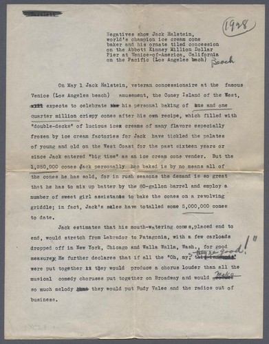 Typewritten account of the celebration of the creation 1,250,000th cone at Jacks Famous Ice Cream Cones (p. 1), Venice, 1928