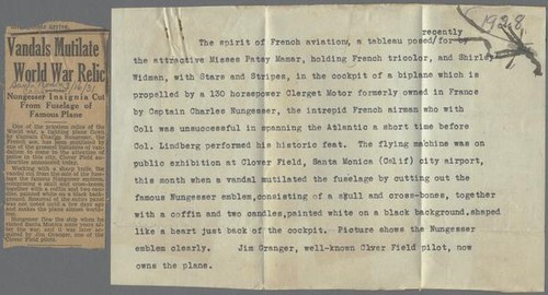 Photograph of typewritten description of photographs of Hanriot HD.1 plane, newspaper article describing vandalism to plane, 1928 and 1931