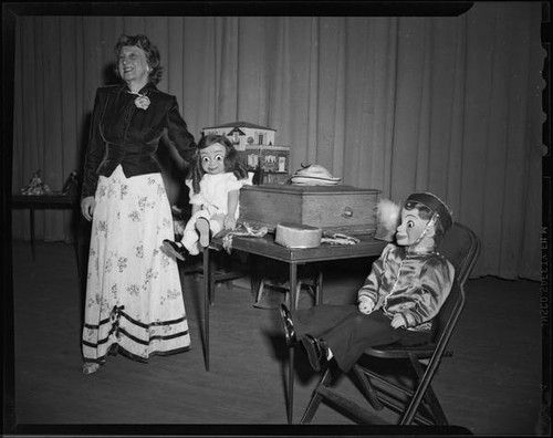 Lucille S. King, ventriloquies, with 2 dummies, 1951