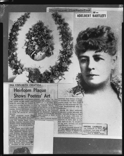 Poet Ina Donna Coolbrith article with 1880's portrait and 1888 shell wreath, Santa Monica, 1953