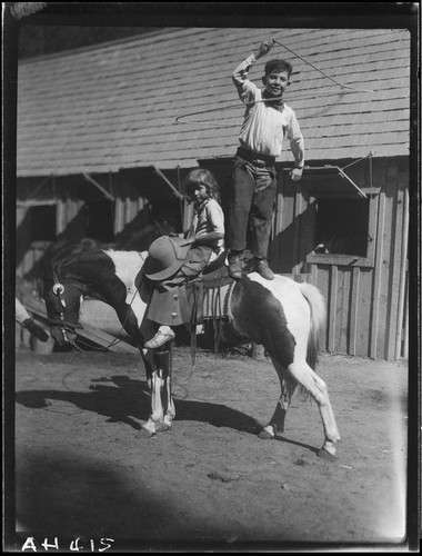 Child rodeo perfomer Little Buck Dale doing rope trick standing on horse, Lake Arrowhead rodeo, Lake Arrowhead, 1929