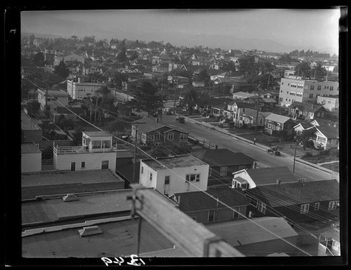 Oblique birdseye view towards residential portion of Main Street (?) before or after street widening, Santa Monica, 1930