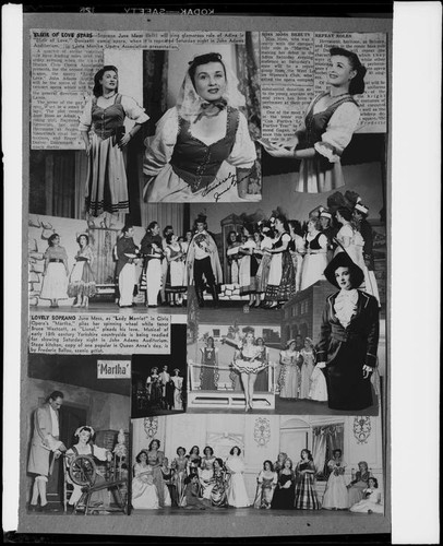 Montage of pictures and clippings for mezzo soprano June Moss, Santa Monica, circa 1956