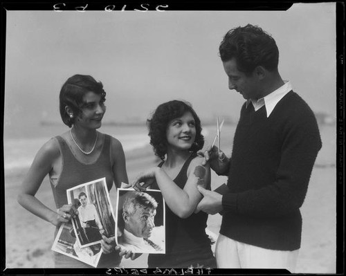 Silhouette artist Georges Boria and sunbathers Thelma Peairs and June Diebold, Venice, 1930