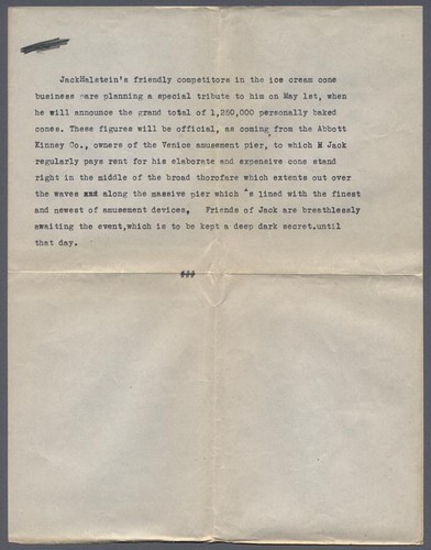 Typewritten account of the celebration of the creation 1,250,000th cone at Jacks Famous Ice Cream Cones (p. 2), Venice, 1928