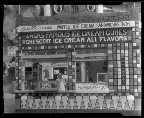 Ice cream cone concession, Jacks Famous Ice Cream Cones, on Abbot Kinney Pier, Venice, 1928