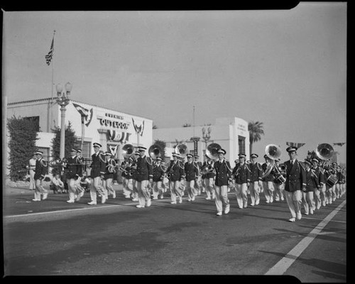 Marching band in Elks' parade, Santa Monica, 1939 or 1952