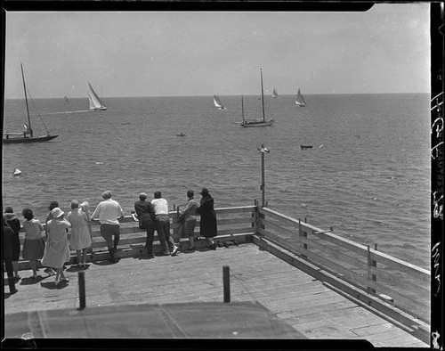 Bird's-eye view of group on pier, Malibu, 1929