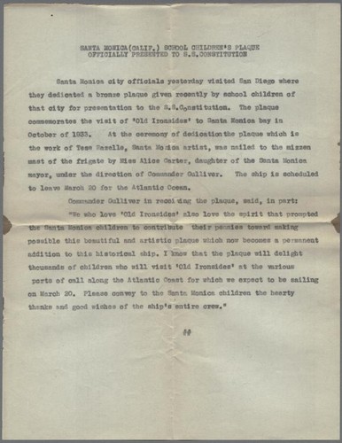 Description of photographs of presentation of plaque given by Santa Monica children to S.S. Constitution, 1934