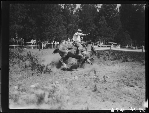 Rodeo rider performing, Lake Arrowhead Rodeo, Lake Arrowhead, 1929 ...