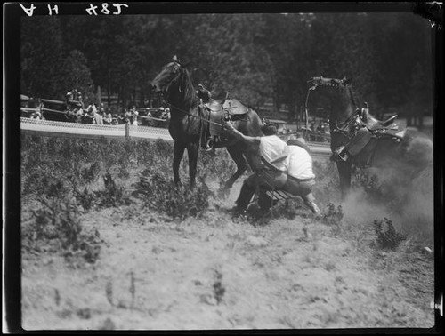 Rodeo performers and horses, Lake Arrowhead Rodeo, Lake Arrowhead, 1929 ...